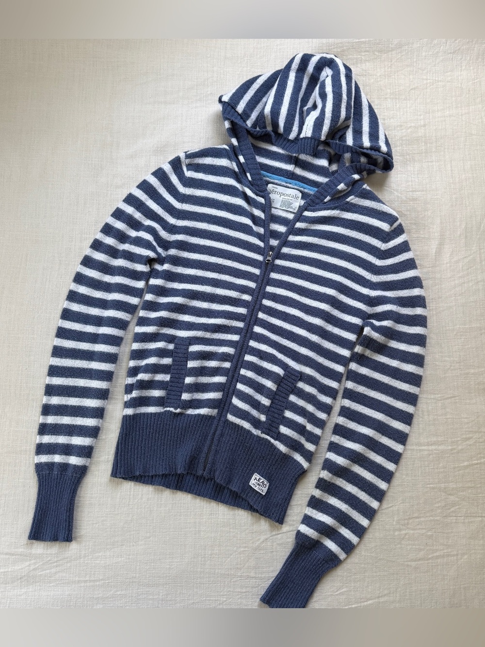 Vintage Y2K Aéropostale Shimmer Striped Knit Zip Up Hoodie L Oversized Hood Navy